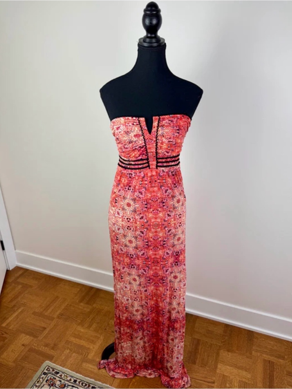 Vintage Guess Strapless Boho Maxi Dress in Coral Print - Picture 3 of 9